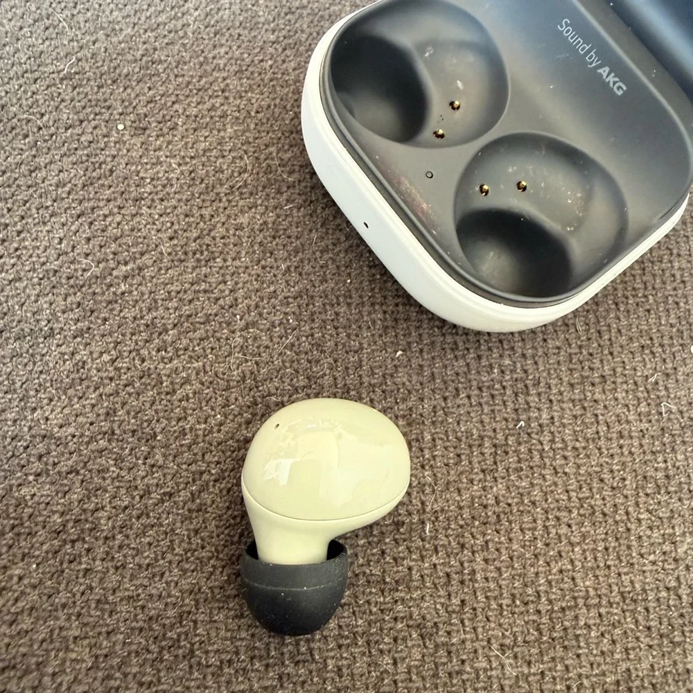 Samsung Glossy White Earbuds Case and sage green right earbud.